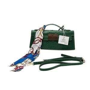 Una de Monaco Faux Snakeskin Crossbody Top Handle Bag Green NWT Scarf Accent